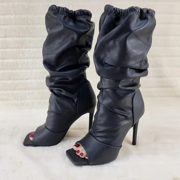 Black Square toe Scrunch Slouch Mid Calf Pull On Heeled boots Resto… - Picture 13 of 15